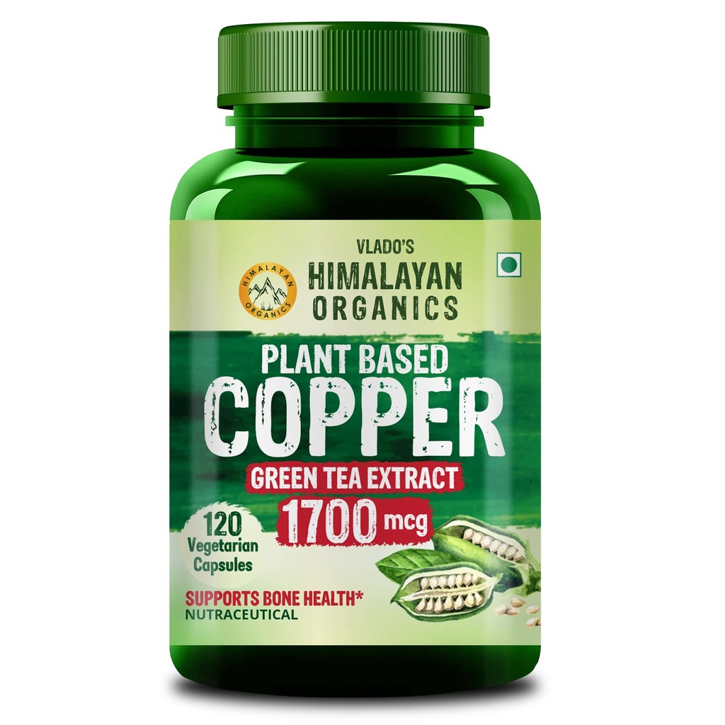 Vlado’s Himalayan Organics Plant Based Copper 1700mcg Supplement with Green Tea Extract - 120 Veg Capsules | Support Connective Tissues, Brain Health, Boost Immunity | For Men & Women