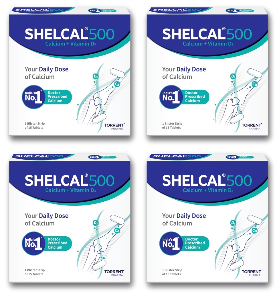 Shelcal 500 Calcium Tablets With Vitamin D3 For Healthy And Strong Bone, Joint & Muscles India's No.1 Doctor's Prescribed Calcium Supplement - 60 Tablets (15 Tablets X Pack Of 4)