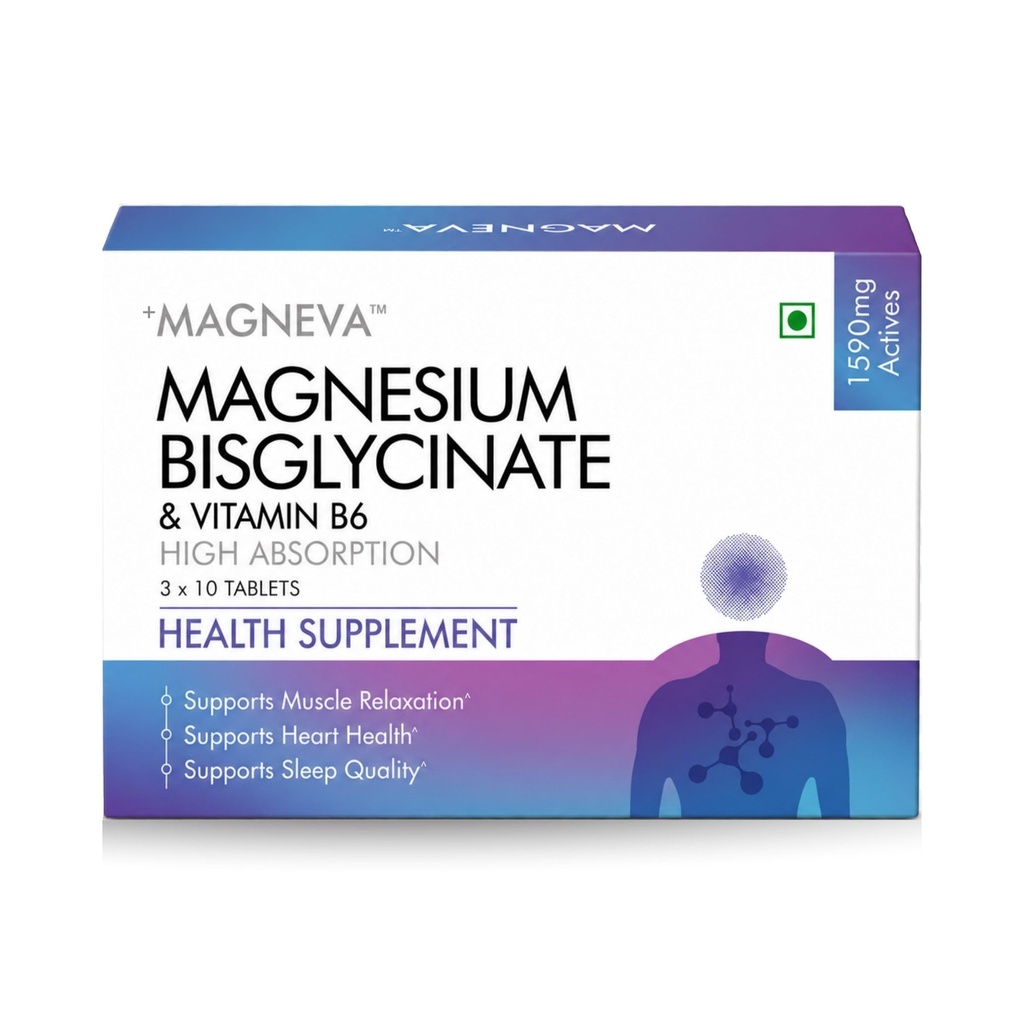Magneva Magnesium Bisglycinate | 30 tablets | 350 mg Elemental Magnesium + Vitamin B6 | High Absorption Chelated Formula for Muscle & Bone Health | Non-GMO | Excelgenics