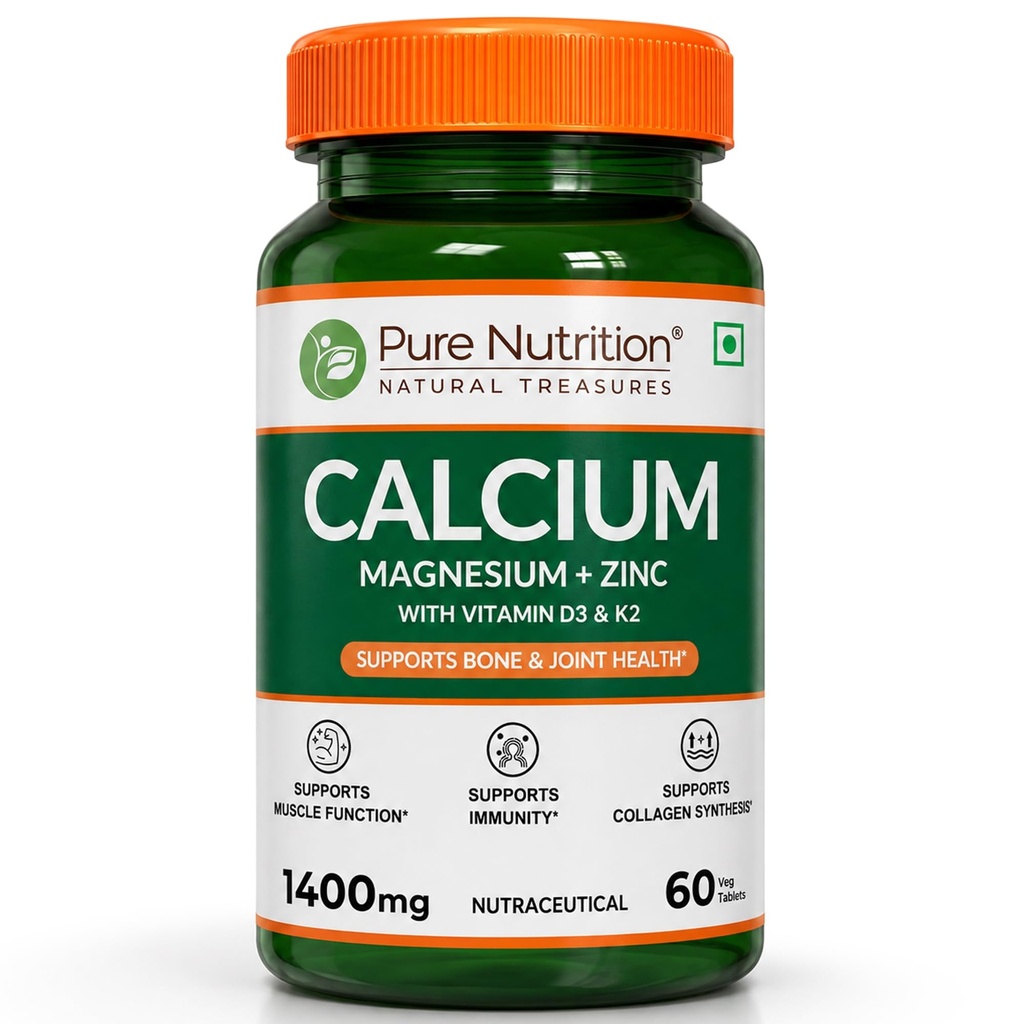 Pure Nutrition Calcium with Magnesium, Zinc, Vitamin D3 & K2 (600 IU) – Calcium Tablets Supports Bone, Joint & Muscle Health, Boosts Collagen Synthesis for Men & Women 60 Tablets