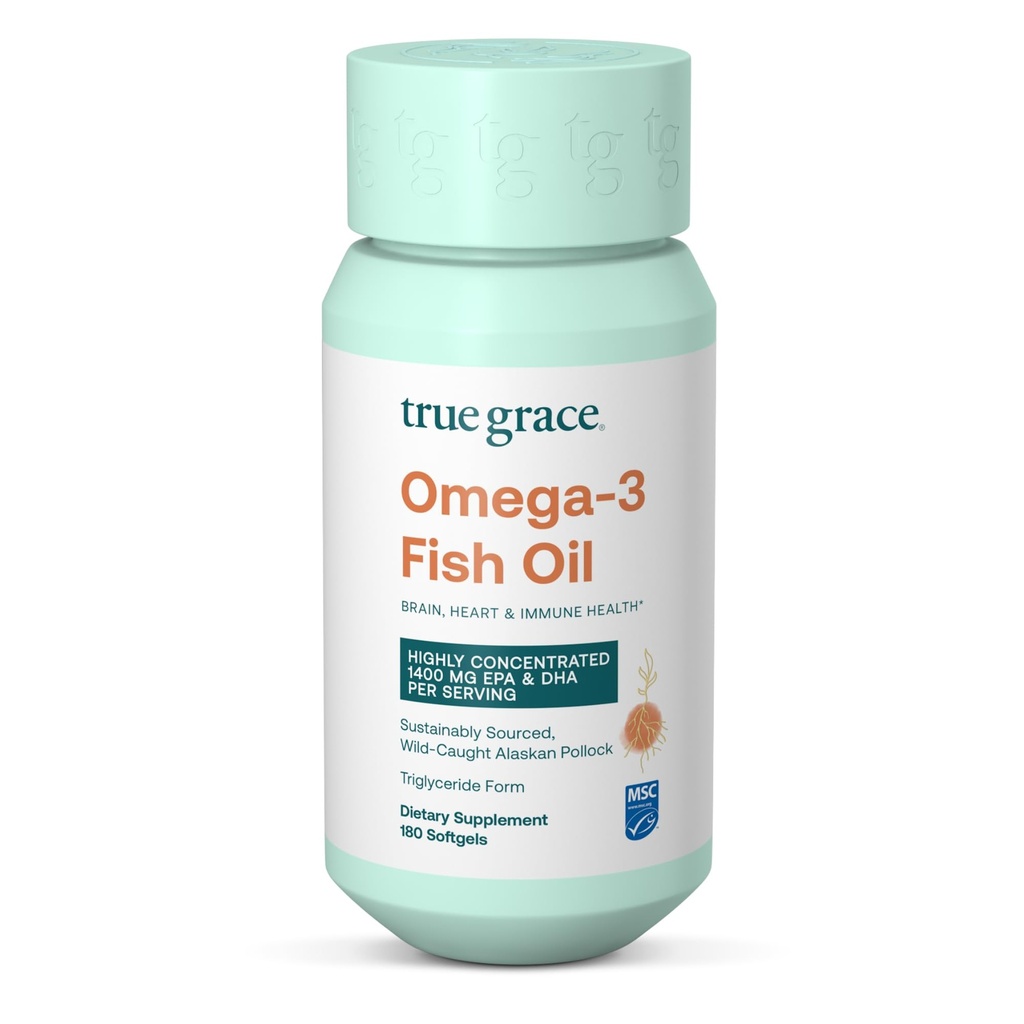 True Grace Omega-3 Fish Oil - 180 Softgels - 1400 mg EPA + DHA - Brain, Heart, Joint & Immune Health - Organic, Gluten Free, Soy Free