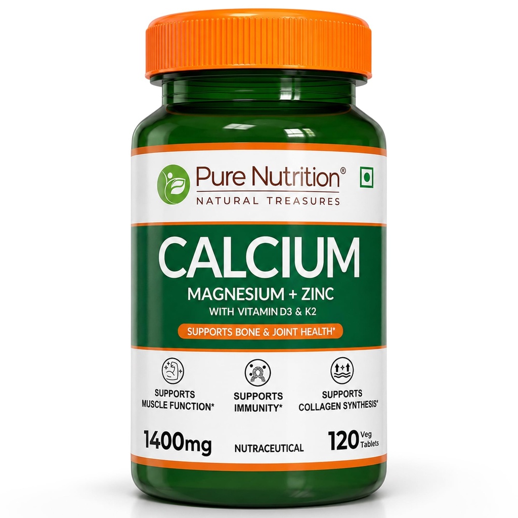 Pure Nutrition Calcium Tablets with Magnesium, Zinc, Vitamin D3 & K2 (600 IU) – Calcium Magnesium Zinc Supports Bone, Joint & Muscle Health, Boosts Collagen Synthesis for Men & Women - 120 Tablets