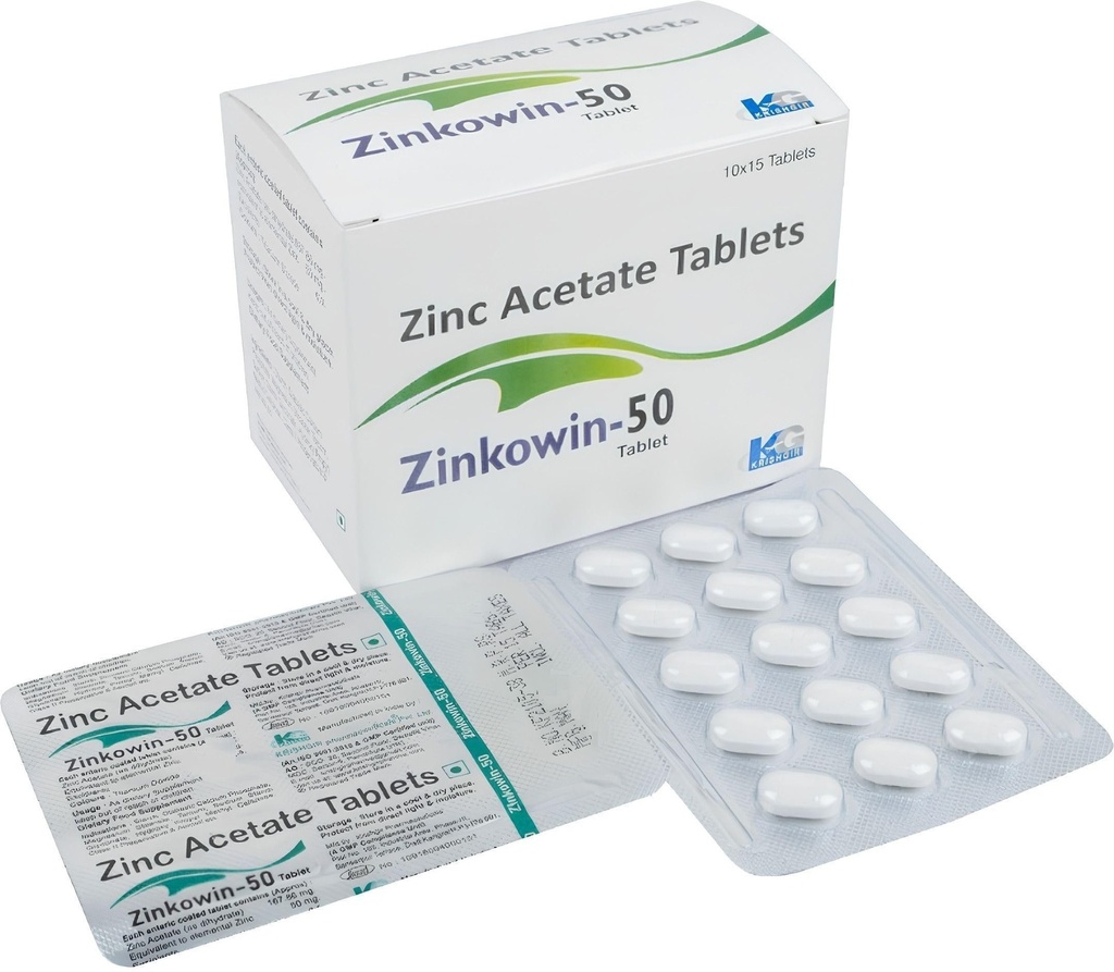 Zinkowin Zinc Acetate 50 mg (150 Veg-Tablets) For Zinc deficiency, immunity metabolism digestion, enhanced Immune Support, Nutrient Absorption & Overall Wellness. zinc supplements (10 x 15 Tablets)