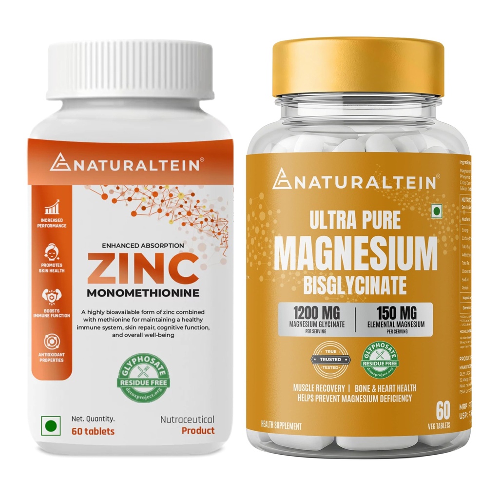 NATURALTEIN Zinc Monomethionine (60 Tablets) + Magnesium Glycinate 1200mg (60 Tablets) | High Absorption Zinc & Magnesium Combo | Muscle Recovery, Sleep, Immunity & Stress Support