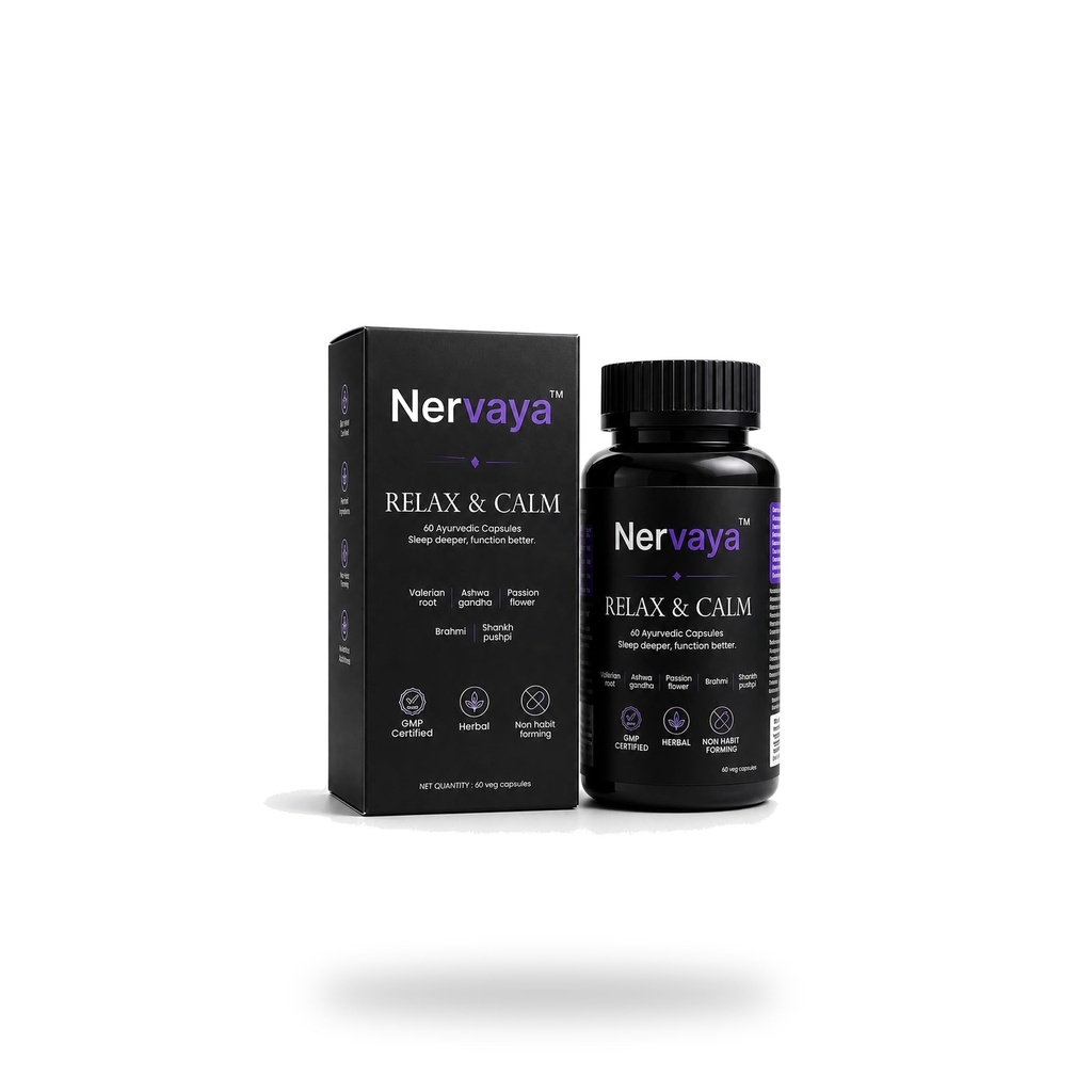 Nervaya Ayurvedic Sleep Capsules – Relax & Calm | Herbal Sleep Supplement with Ashwagandha, Valerian, Brahmi & Shankhpushpi | No Melatonin | 60 Veg Capsules