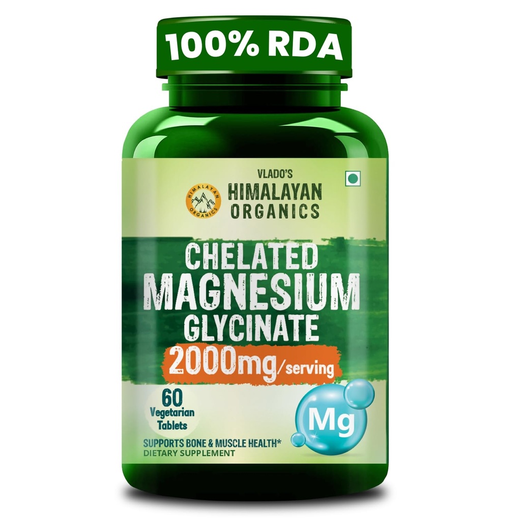 Vlado's Himalayan Organics Chelated Magnesium Glycinate Supplement 2000mg Per Serving | Magnesium Supplement Supports | Clinically Approven | Muscle Recovery & Better Sleep - 60 Veg Tablets