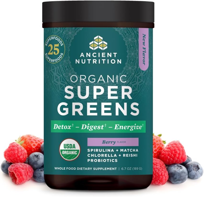 Ancient Nutrition SuperGreens Powder s probiotiki, Ekološka jagodičja aroma Zeleni, Iz pravega sadja, Zelenjava in zelišča, Prebavna in energijska podpora, 25 Serving, 6.7oz