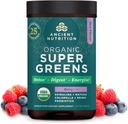 Ancient Nutrition SuperGreens Powder s probiotiki, Ekološka jagodičja aroma Zeleni, Iz pravega sadja, Zelenjava in zelišča, Prebavna in energijska podpora, 25 Serving, 6.7oz