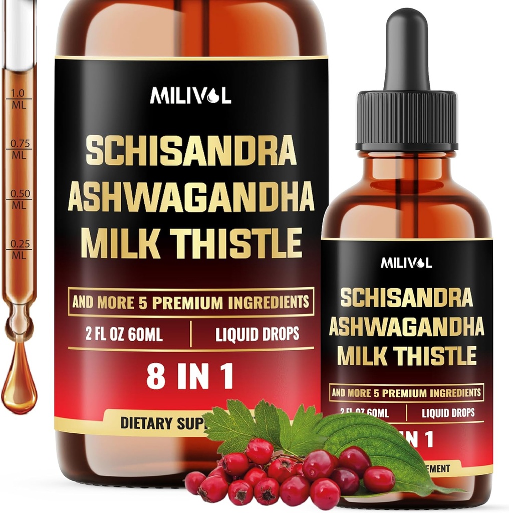 8in1 Schind Berry llança amb llet Thistle, Ashwagandha, Rhodiola Rosea, Sant Basilio, Artichoke, Dandelion Root i Turmeric Curcumin - 2 Oz Fle durant 2 mes