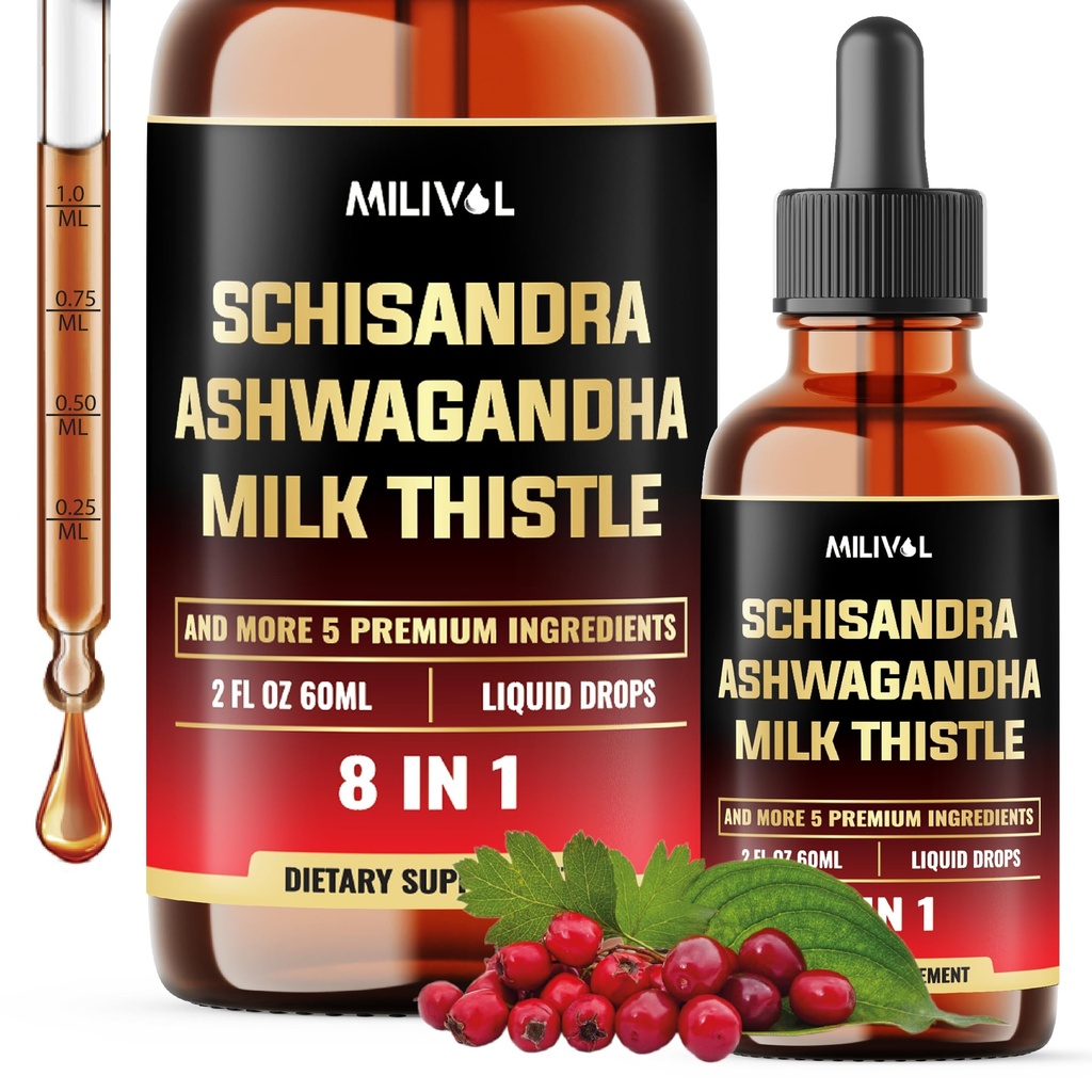 8in1 Schisandra Berry Drops with Milk Thistle, Ashwagandha, Rhodiola Rosea, Holy Basil, Artichoke, Dandelion Root & Turmeric Curcumin - 2 Fl Oz for 2 Month Supply