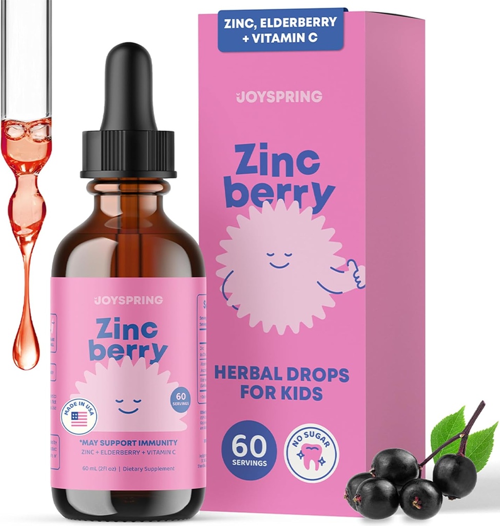 JoySpring ZincBerry - Kids Zinc & Vitamin Supplement (2 fl oz) Immune Support Drops con Elderberry Flavor para nenos 2-16 + Anos