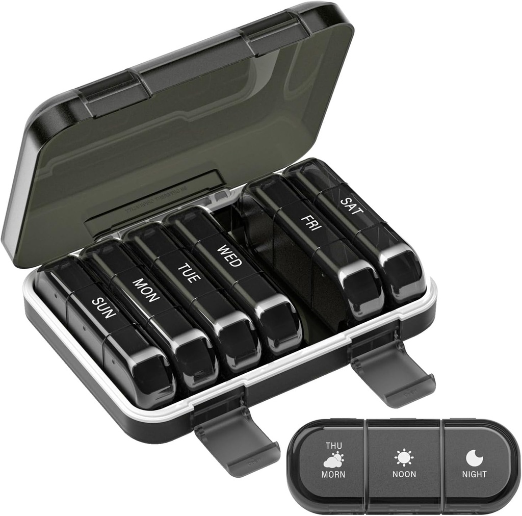 İngilis Pill Organizer 3 gün, Pills üçün 7 gün Portativ Pill Box, Vitaminlər, Balıq Yağı, Fakültələri (3x7 Black)