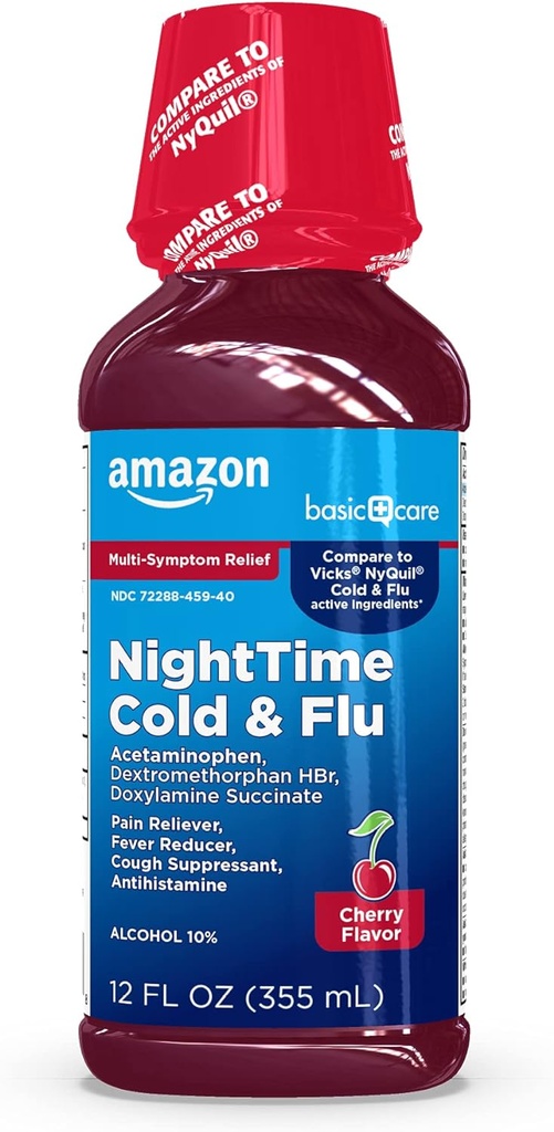 Basic Care Night Time Cold & Flu Liquid, Cherry, 12 fl oz (пакет 1)