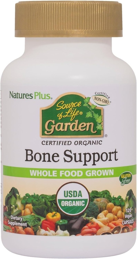 NaturesPlus Source of Life Garden Organic Bone Supplement with AlgaeCal - 1000 mg - Calcium, Magnesium - 120 Vegan kapsulak (30 zerbitzu)