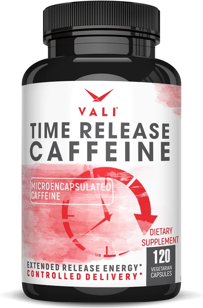 VALI Time Release Caffeine 100mg Cápsulas - Smart Slow Release para Extended Energy & Focus. Suplemento Nootrópico Avançado. Brain Booster Desempenho ativo, alerta e clareza. 120 Cápsulas Veggie