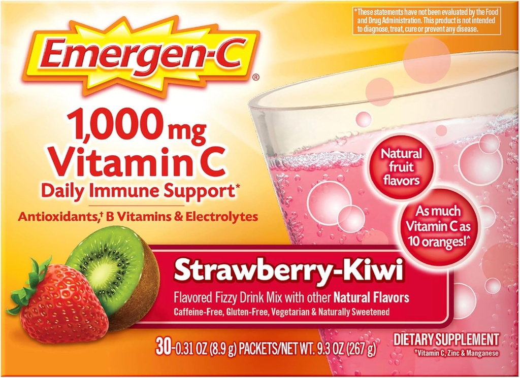 Emergen-C 1000mg vitamin C Imune Supment Powder Kiwi 30CT bao gồm Zirc, Manganese, 7 B-B-C-C và điện tử để trở lại trường thiết yếu