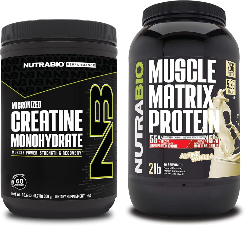 NutraBio Creatine Monohydrate, Unflavored, (300 g) och Muscle Matrix Protein Powder (Vanilla) Supplement Bundle – Muscle Energy, Maximum Growth, Recovery och Strength