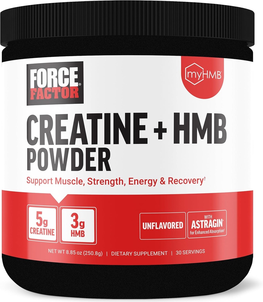 Fattore di forza Creatina HMB Polvere, 5g Creatina Monoidrato + 3g myHMB per la crescita del muscolo, la resistenza, l'energia e il recupero, con AstraGin per l'assorbimento potenziato, non aromatizzato, 30 Serve