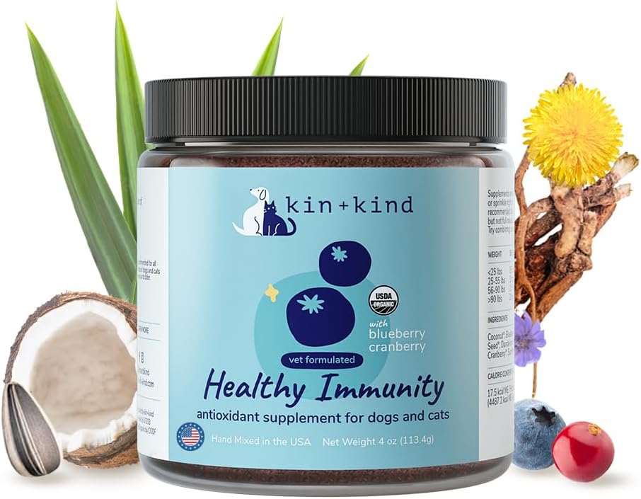 kin+kind Dog Supplement Powder - 건강한 면역을위한 개 및 고양이를위한 보충 - Bladder Support - 유기농 크랜베리, 블루 베리 및 코코넛과 천연 공식 - 미국 - 4 온스 (중간)