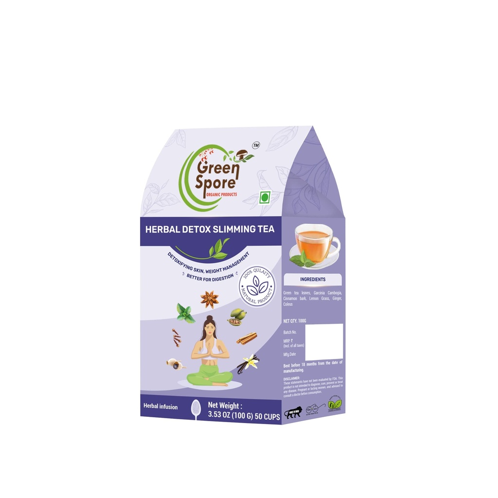 Green Spore Herbal Detox Slimming Tea – 100g (50 Cups) – Natural Weight Management & Metabolism Booster – Detoxifying Skin & Digestion Support – Infused with Garcinia Cambogia, Lemongrass & Ginger