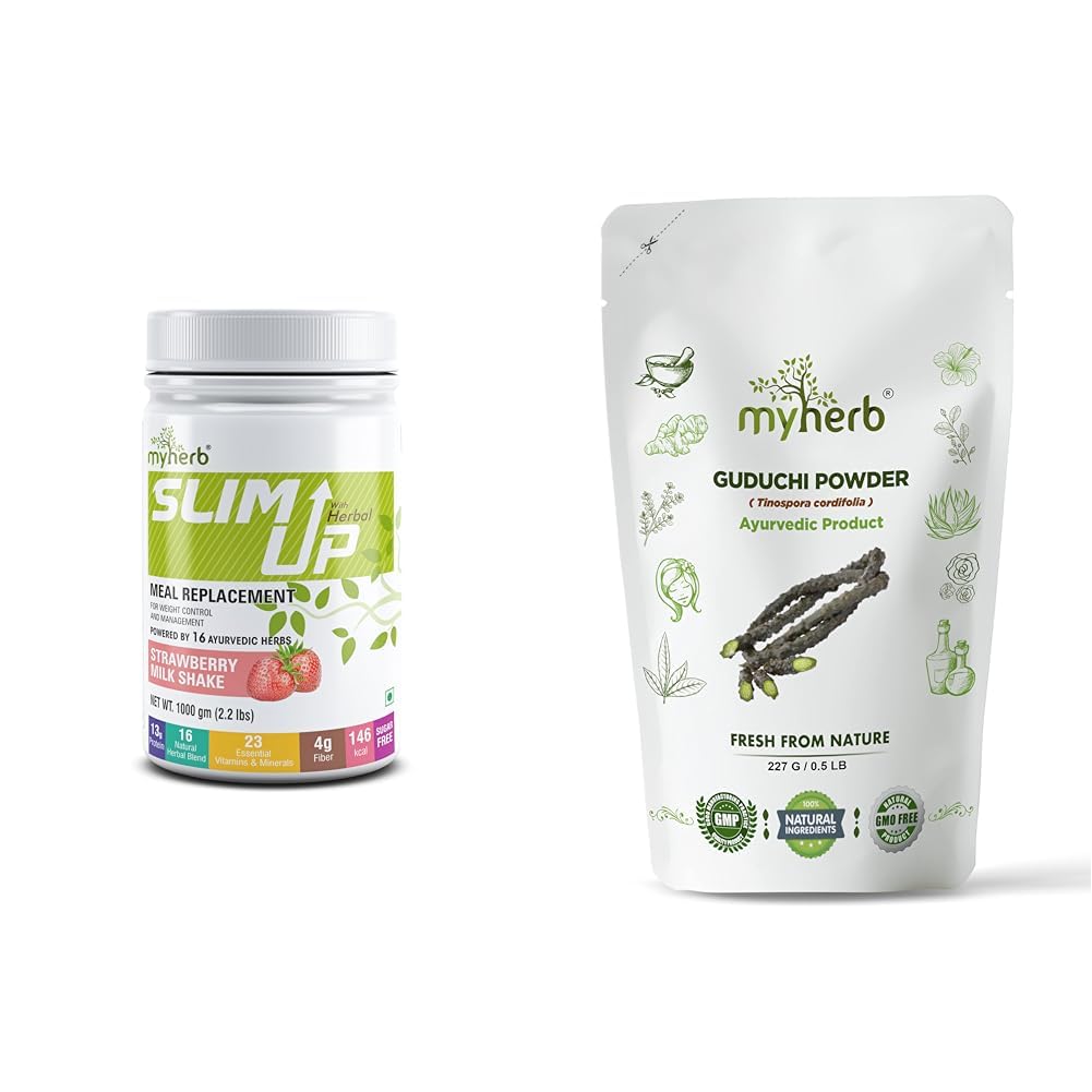 MYHERB Slim Up Meal Replacement Shake With 16 Natural Herbal Blend(Ayurvedic Formula) For Weight Control&Management-13.5g Protein-23 Vitamins Men&Women (Strawberry Milk Shake, 1 kg (Pack of