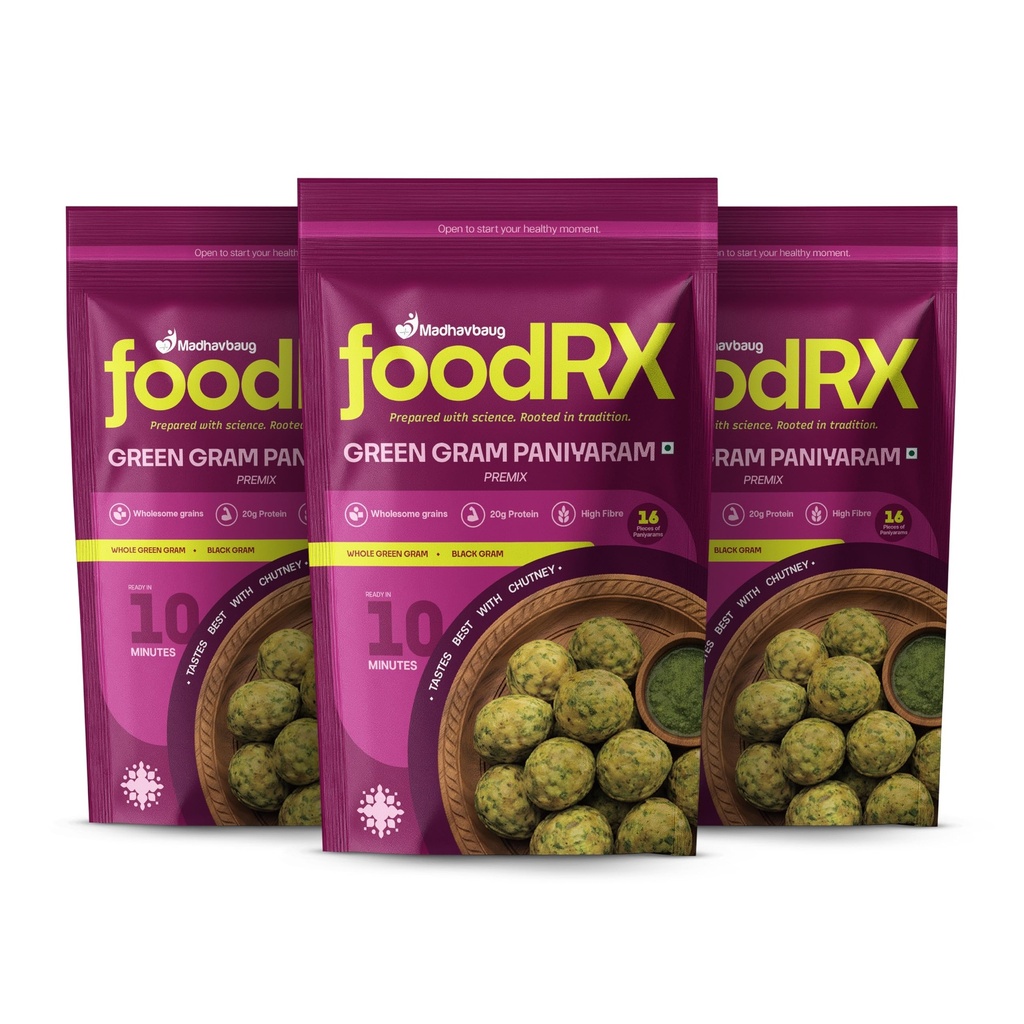 FOODRX Green Gram Paniyaram Mix – Made with Low Glycaemic Green Gram | Rich in Plant Protein & Dietary Fibre | Healthy, Light & Nutritious Ready-to-Cook Snack (Pack of 3, 200gm Each)