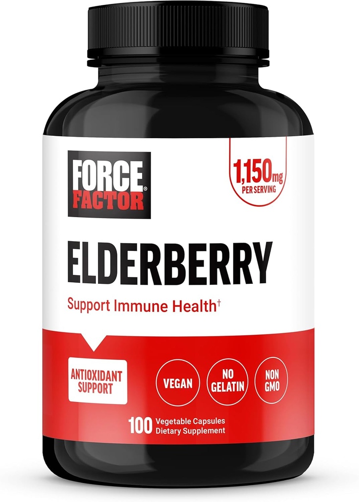 FORCE FACTOR Elderberry Kapsle, Dodatek k imunitě a antioxidanty pro muže a ženy, Denní zvýšení imunity, Vegan, No Gelatin, Non- GMO, 100 Zeleninové kapsle