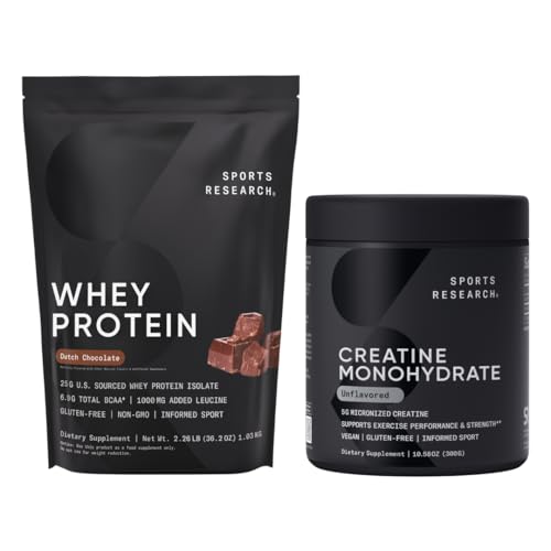 Sports Research® Creatine Monohydrate (10.58 oz) and Dutch Chocolate Whey Protein (2 lbs), The Dynamic Duo for Lean Muscle Building, Improved Performance and Strength & Workout Recovery