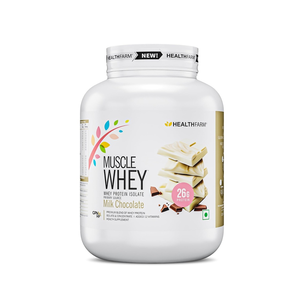 Healthfarm Muscle Whey Protein,26g Protein Per Serving | Zero Amino Spiking Substance (Milk Chocolate, 2kg)