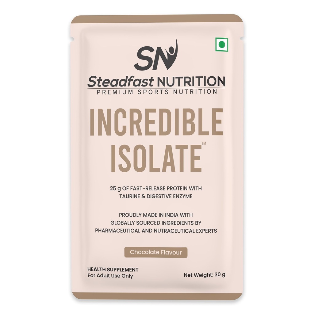 Steadfast Nutrition Incredible Isolate Chocolate Protein 900gm, 30 Sachets, 25g Protein Muscle growth Strength Immunity