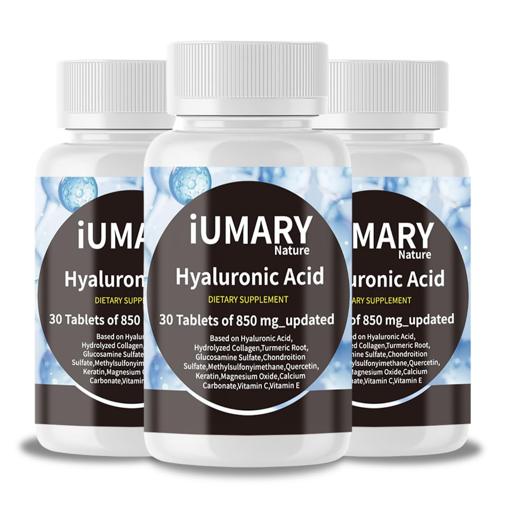 Hyaluronic Acid Supplements, 850mg High Bioavailable Dietary Hyaluronic Acid - Advanced Joint Support with Hydrolyzed Collagen, Turmeric, Glu-cosamine, MSM, Vitamin C – 30 Tablets（Pack of 3）