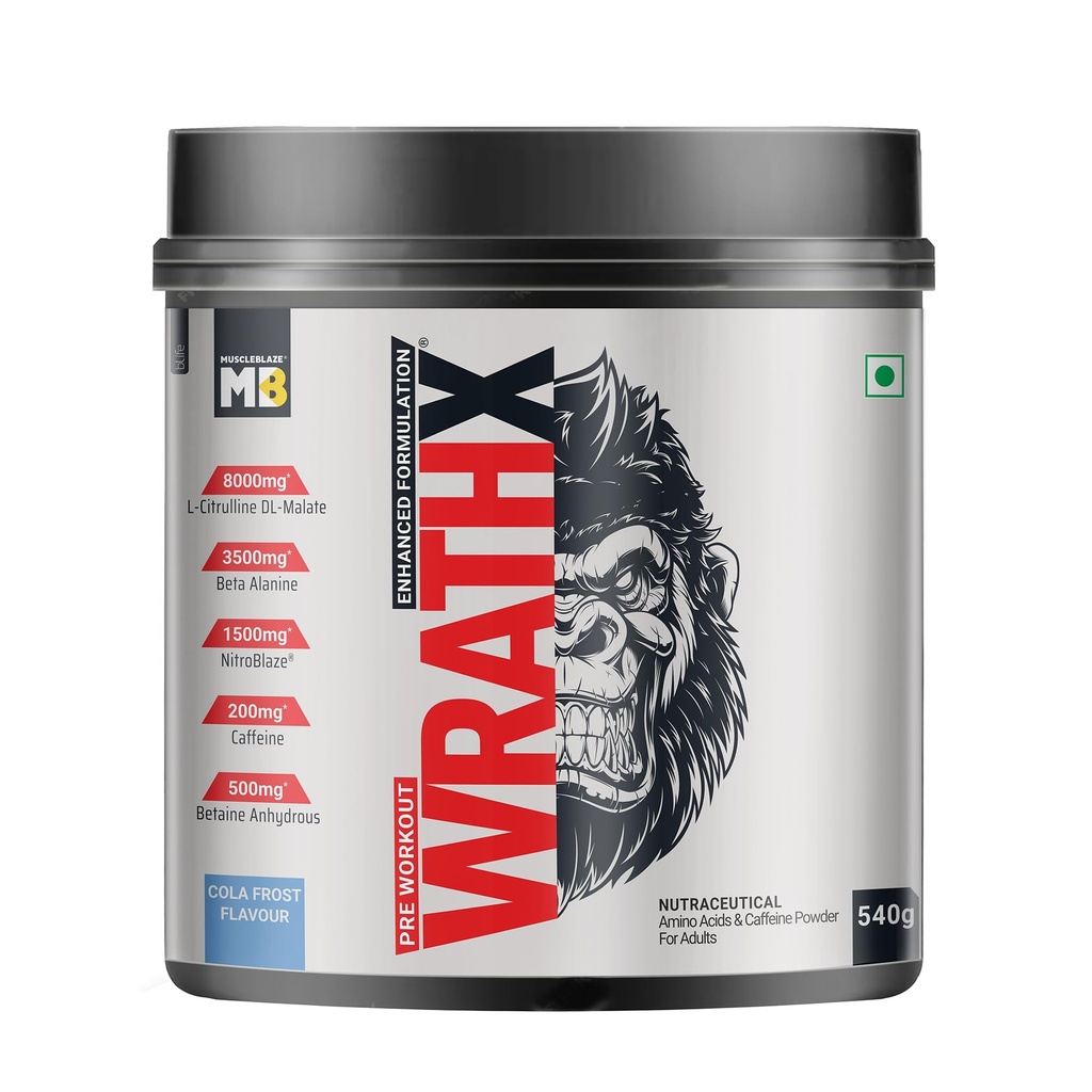 MuscleBlaze Pre Workout WrathX Powder, Cola Frost, 540g | 30 Servings