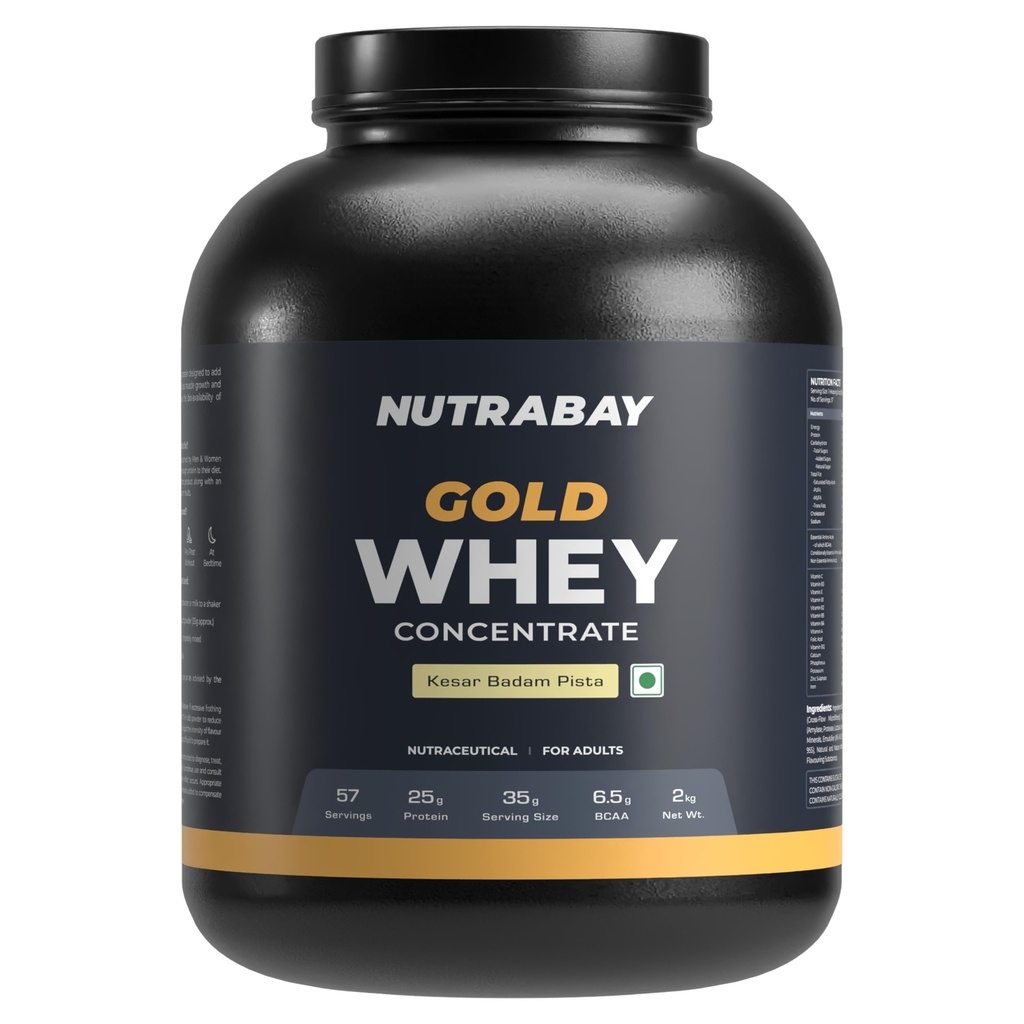 Nutrabay Gold Whey Protein Concentrate with Digestive Enzymes & Vitamin Minerals 25g Protein – Muscle Support & Recovery – 2kg, Kesar Badam Pista | Trustified Certified Authentic