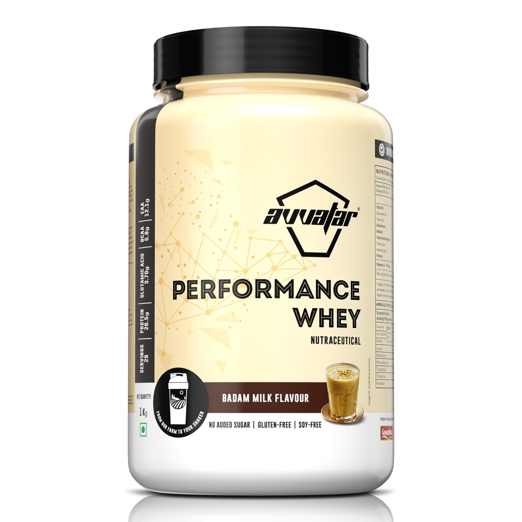 avvatar PERFORMANCE WHEY PROTEIN | 1Kg | Badam Milk Flavour | 26.5g Protein | 29 Servings