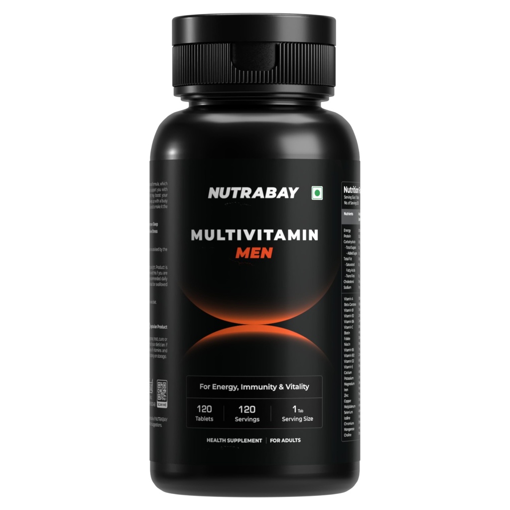 Nutrabay Pro Active Multivitamin for Men with Zinc, Magnesium, Vitamin B,C,A,E – Enhances Energy, Immunity & Better Sleep– 120 Veg Capsules | RDA for Viamins & Minerals | Purity Tested Supplement