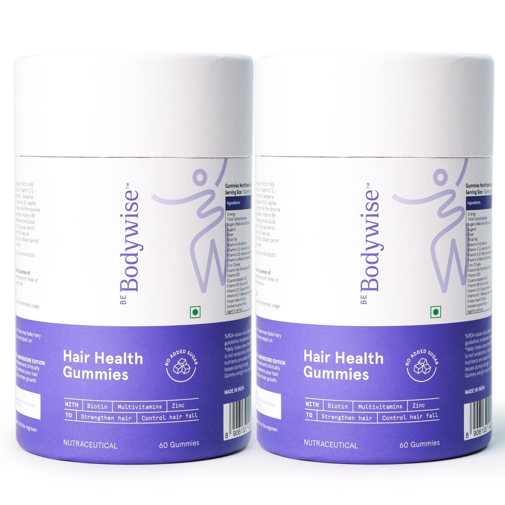 Be Bodywise Biotin Hair Gummies | For Stronger,Shinier Hair & Nails | 120 Day Pack | With Biotin, Zinc, Folic Acid, Fibre & Multivitamin | Strawberry Flavored | No Added Sugar & Gut Friendly