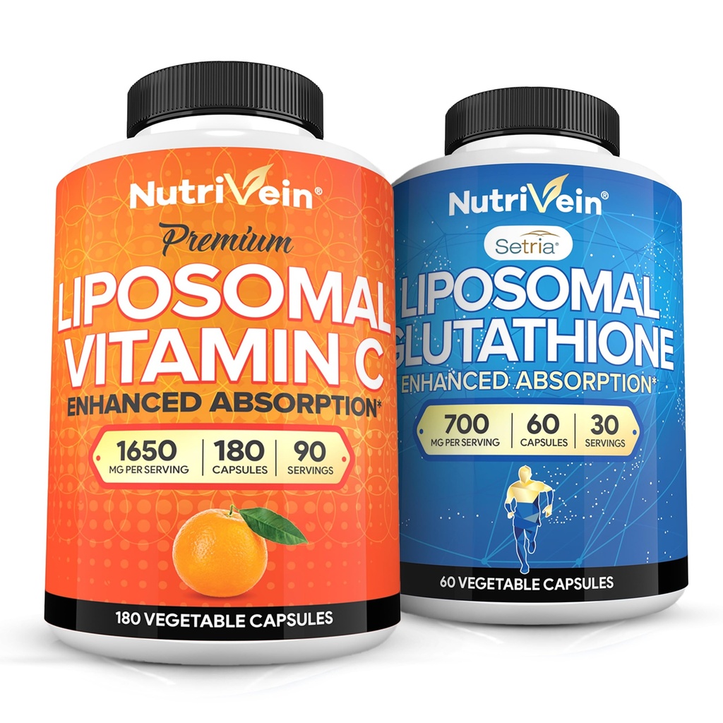 Nutrivein Premium Liposomal Vitamin C 1650mg & Liposomal Glutathione Bundle - High Absorption Ascorbic Acid Plus Master Antioxidant & Liver Cleanse - Non-GMO, Vegan/Vegetarian - 180 + 60 Capsules