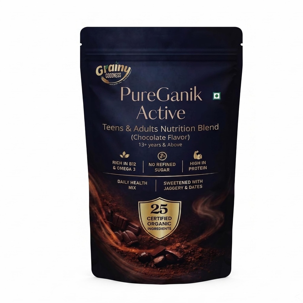 PureGanik Active Teens & Adult | 25 Organic Ingredients | Chocolate Flavor Nutrition Powder | No Refined Sugar | High Protein | Daily Nutrition | Easy to Digest | 400 gm