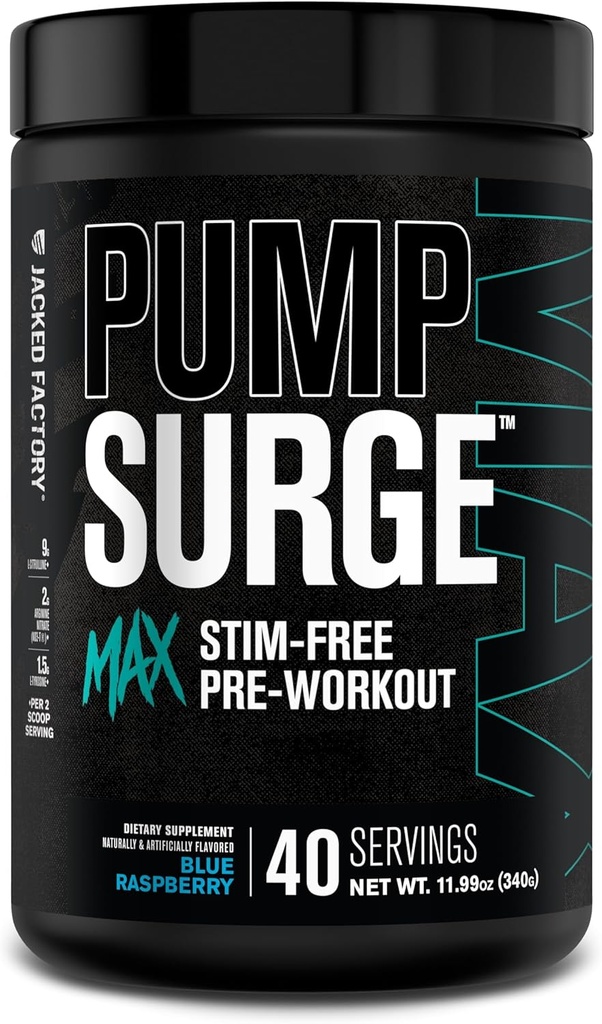 Ge Jacked Factory Pumpsurge Max Stim Gratis pre-workout - High-Prestance Cafeïne Gratis pre-workout met L-Citrulline, N03-T Arginine Nitraat & Glutathion - 40 Servers, Blue Raspberry