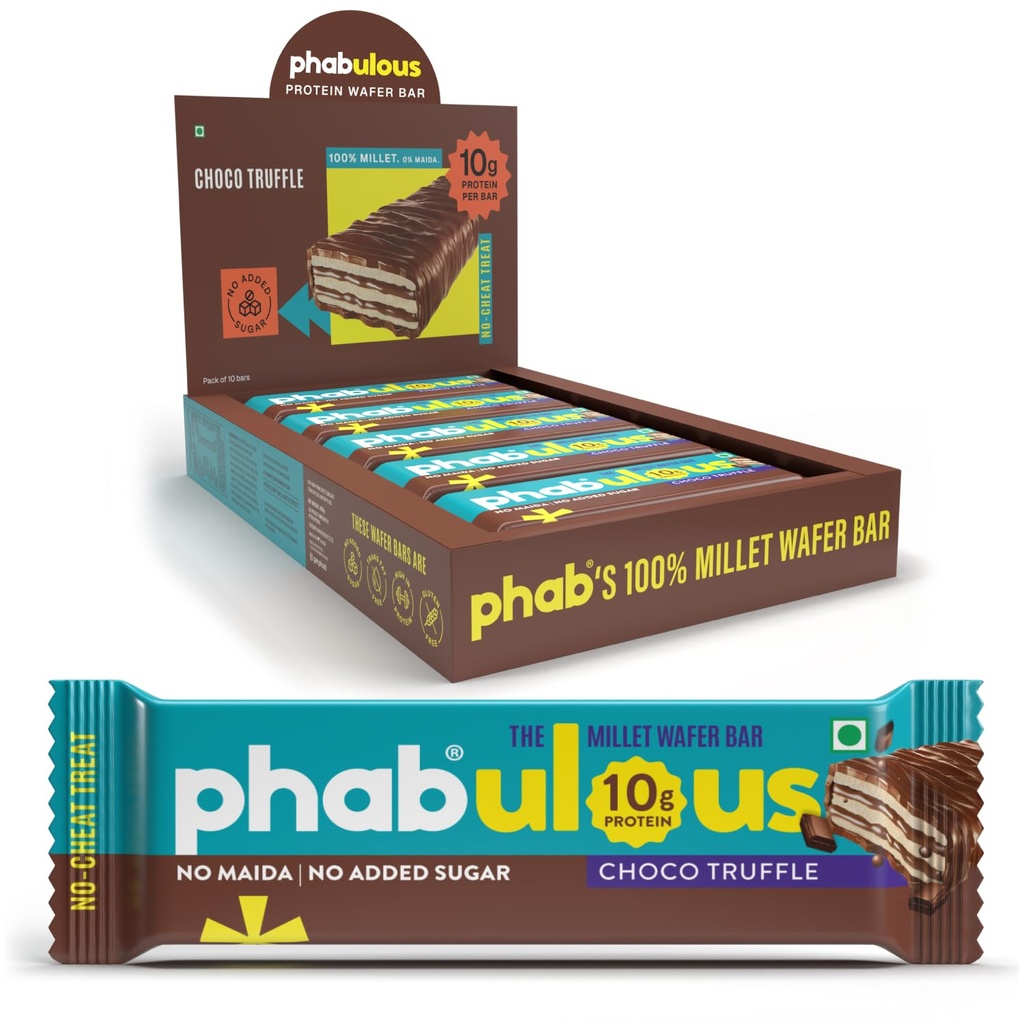 Phab Protein Wafer Bar Choco Truffle Flavour - No Maida Only Millets (Bajra) | 10g Protein With No Added Sugar, No Preservatives, No Trans Fat | Gluten-Free Healthy Snack | Desk-to-Gym Snack