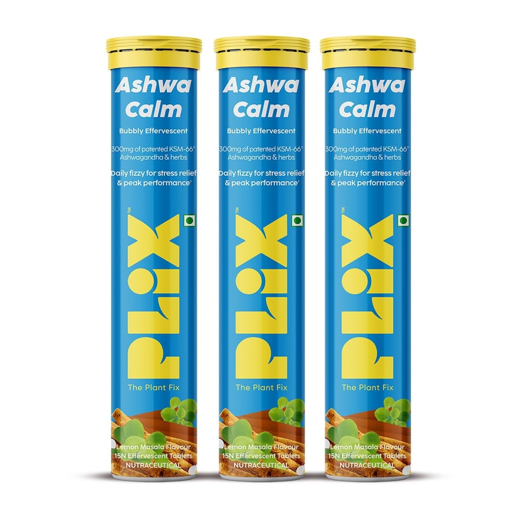 PLIX- THE PLANT FIX | KSM-66 Ashwagandha Gold Standard Effervescent (300 mg) | Brahmi & Bhringraj helps relieve stress & boosts performance| Promotes Calmness, Increase Mental Acuity, & Muscle Recovery (45 Tabs) (Pack of 3)