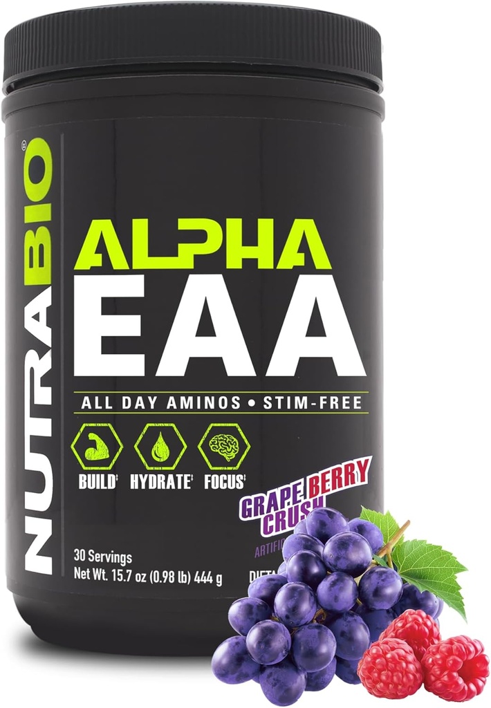 NutraBio Alpha EAA - All-Day Aminosäuren für Muskelwachstum und Hydration - Essential Amino Acids with Nootropics & Adaptogens- Full Spectrum EAA BCAA Powder - 30 Portionen - Grape Berry Crush