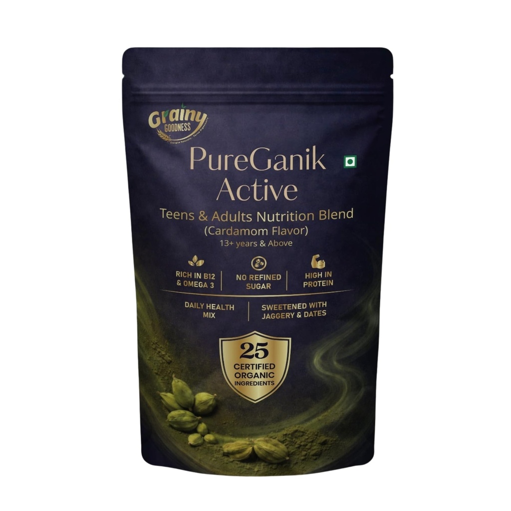 PureGanik Active Teens & Adult | 25 Organic Ingredients | Cardamom Flavor Nutrition Powder | No Refined Sugar | High Protein | Daily Nutrition | Easy to Digest | 400 gm