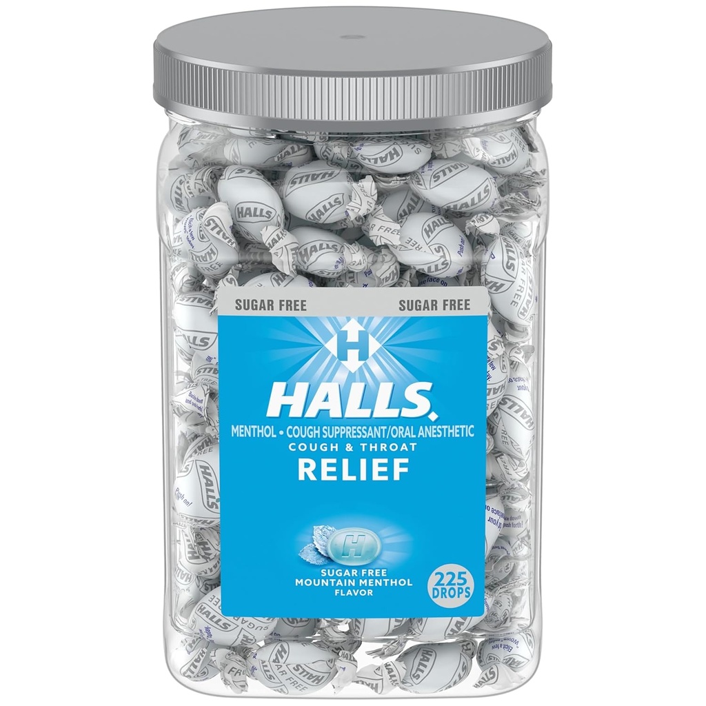 Halls Relief Mountain Menthol Sugar Free Cough Drops, Bulk Cough Drops, 225 tilka