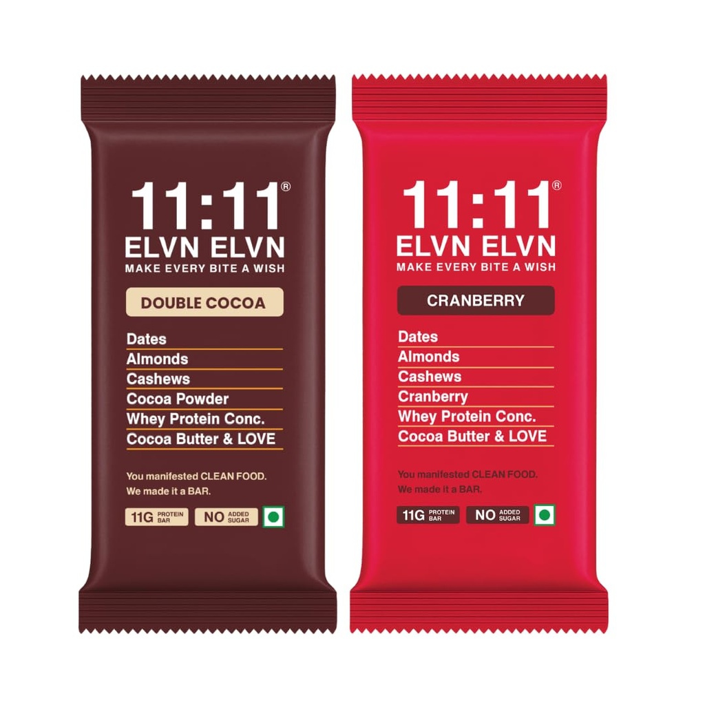 11:11 ELVN ELVN Double Cocoa & Cranberry Protein Bar Combo (Pack of 4) | 11g Protein Per Bar | Sweetened with Dates | High Protein Snack | 100% Natural
