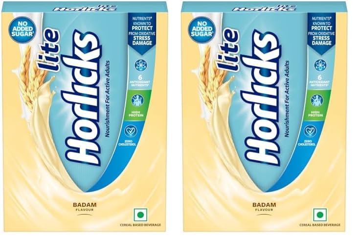 Horlicks Lite 400g, Scientifically designed for Adults |High Protein, Zero added sugar|Badam Flavour (Pack of 2)