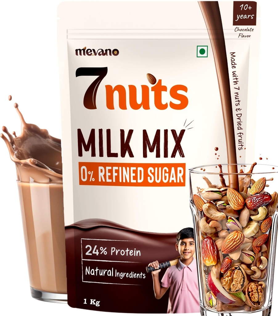 Mevano 7 Nuts Kids Protein Milk Mix Powder, 10+ age, 1 kg | Refined SUGAR FREE, 24% Protein, All Natural | 7 Nuts & Dry Fruits Powder - Badam, Cashew, Walnut, Pista, Date | Chocolate Milk Mix