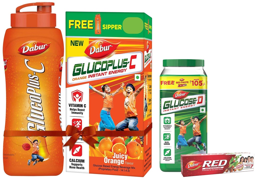 Dabur Gluco Plus C Orange - 1 Kg (Free Sipper with pack) & Glucose -D Insant Energy Boost With Vitamin D - 1 Kg With Dabur Red Paste 200g Free