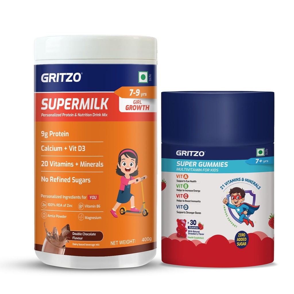 Gritzo Immunity Kit for 7-9 Years Girls | 9g Protein with 20 Vitamins & Minerals | Daily Nutrition with SuperMilk & Multivitamin Gummies