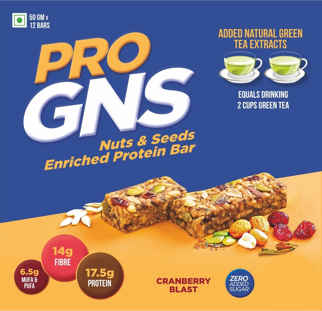 ProGNS Protein Bar - Low Carb High Protein Energy Bar - Made with CranBerry & Green Tea Extract - Low-Calorie Healthy Snack Bar - Fiber-Rich Cereal Bar For Weight Management | Pack of 12 Bars (50 gram each)